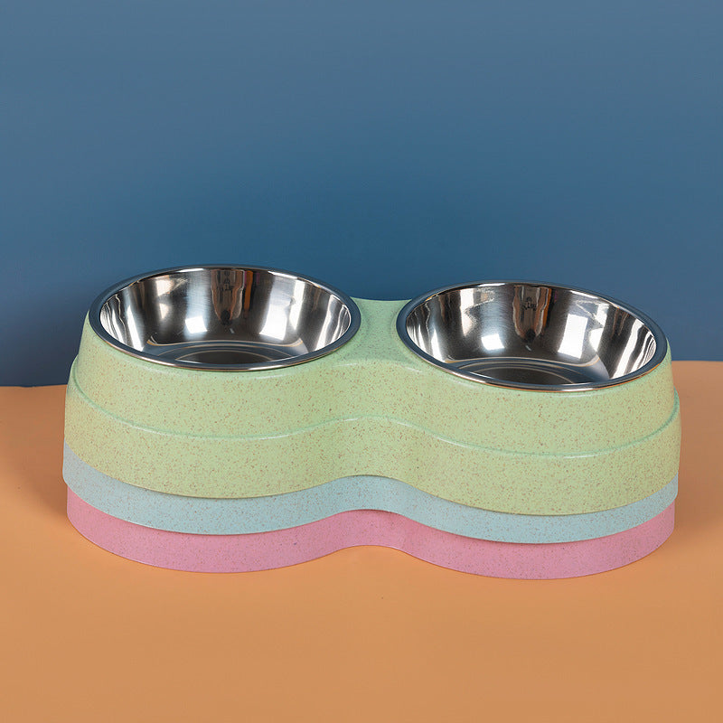 All variants of the double pet bowl – green, blue, and pink, made of stainless steel and eco-friendly material, perfect for small dogs and cats.