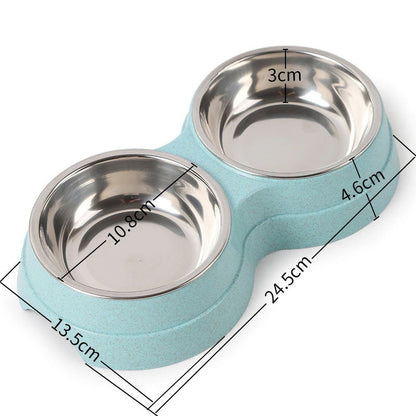 Blue double pet bowl for food and water, showcasing its dimensions and design, made of stainless steel and eco-friendly material, ideal for small dogs and cats