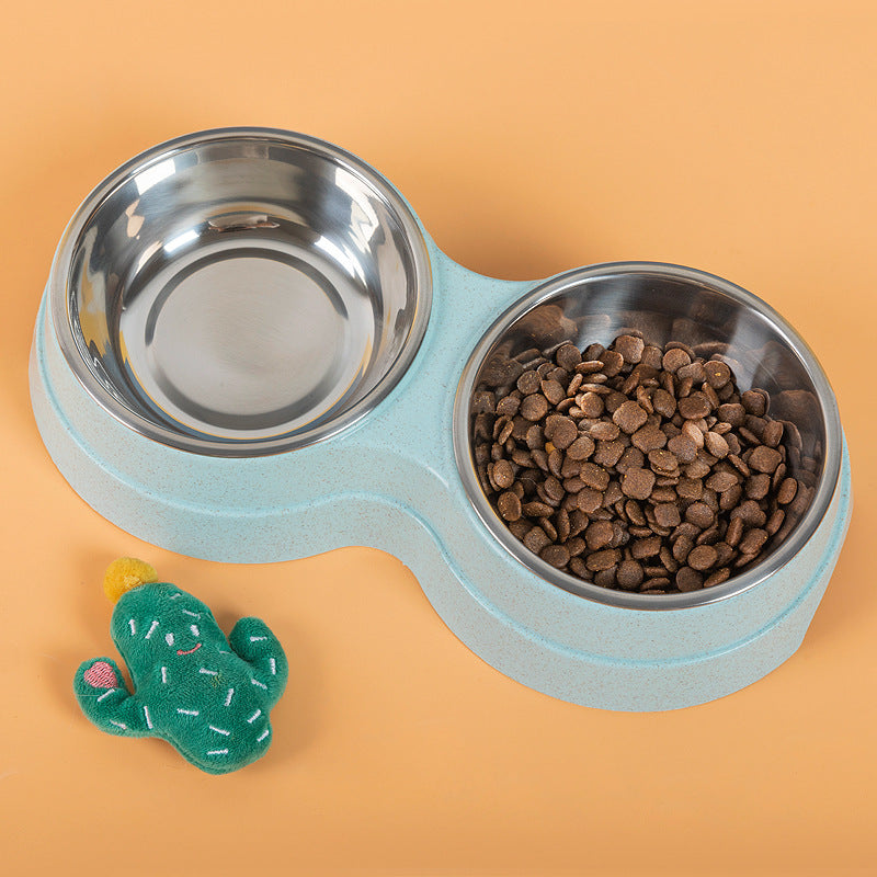 Blue double pet bowl for food and water, made of stainless steel and eco-friendly material. Ideal for small dogs and cats.