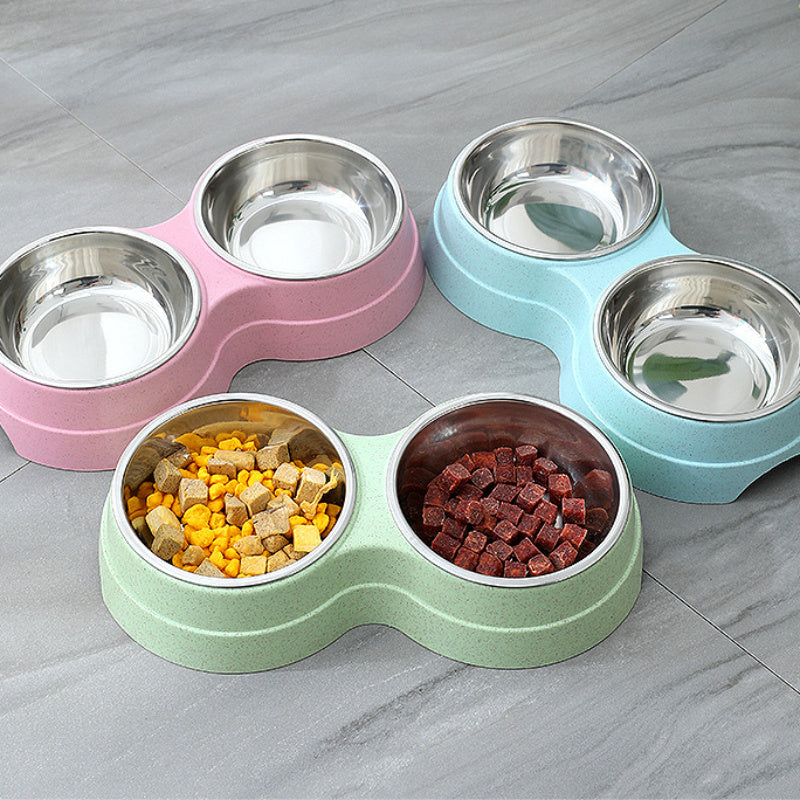 Double pet bowl for food and water, made of stainless steel and eco-friendly material. Perfect for small dogs and cats. Cover image showcasing the product.