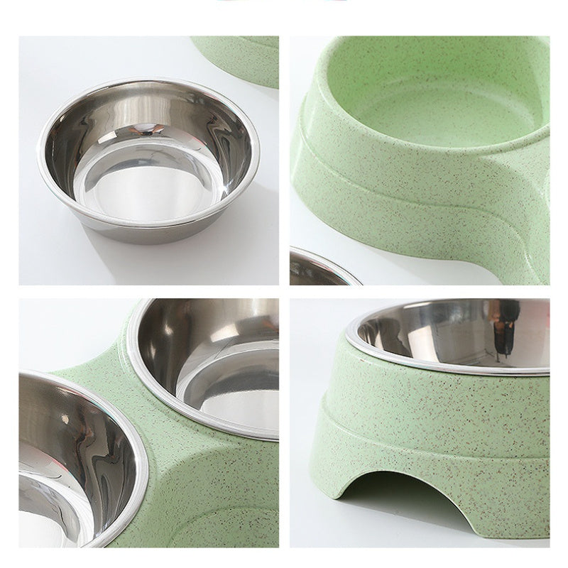 Close-up of the green double pet bowl for food and water, showcasing the stainless steel and eco-friendly material, perfect for small dogs and cats.