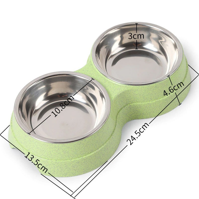 Green double pet bowl for food and water, showcasing its dimensions and design, made of stainless steel and eco-friendly material, perfect for small dogs and cats