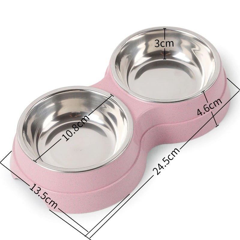 Pink double pet bowl for food and water, showcasing its dimensions and design, made of stainless steel and eco-friendly material, perfect for small dogs and cats