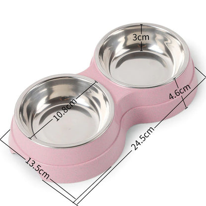 Pink double pet bowl for food and water, showcasing its dimensions and design, made of stainless steel and eco-friendly material, perfect for small dogs and cats