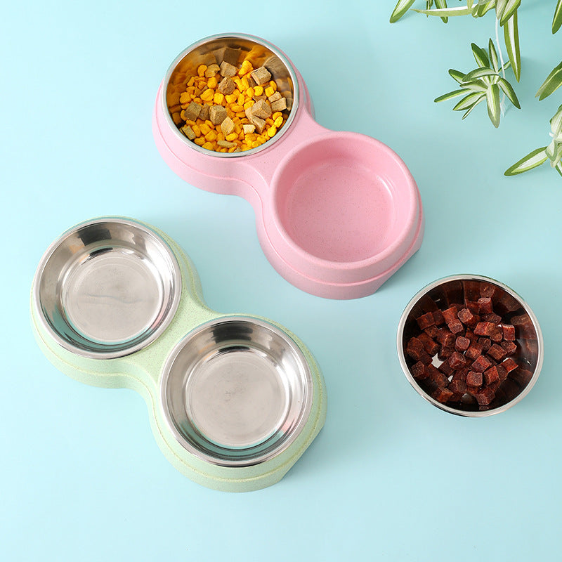 Double pet bowl filled with food and water, made of stainless steel and eco-friendly material. Ideal for small dogs and cats.