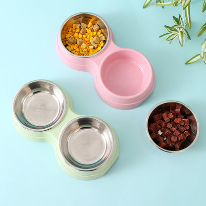 Double pet bowl filled with food and water, made of stainless steel and eco-friendly material. Ideal for small dogs and cats.