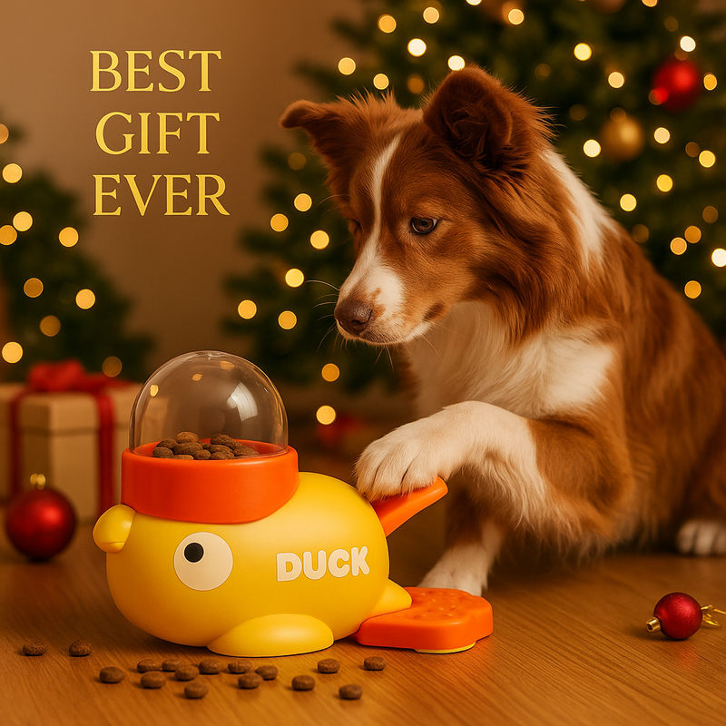 Dog playing with a toy labeled 'DUCK' in front of a Christmas tree with lights.