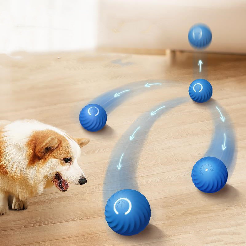 Durable rubber dog chew ball toy in blue and orange for aggressive chewers and training ball in action 