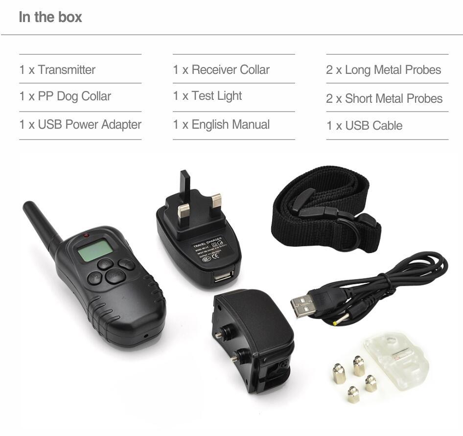 Contents of the electric dog training collar box, including the collar, remote control, charger, and user manual