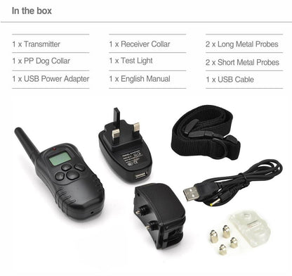 Contents of the electric dog training collar box, including the collar, remote control, charger, and user manual