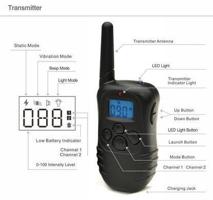 Description of the buttons on the electric dog training collar transmitter, explaining each function for easy use