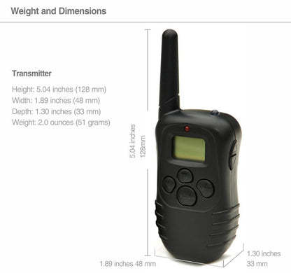 Remote control for electric dog training collar showing weight and dimensions for easy handling and portability