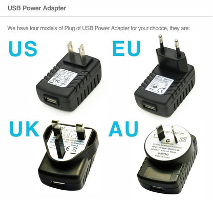 Various USB power adapter options for the electric dog training collar, including US, UK, AU, and EU plugs for global compatibility