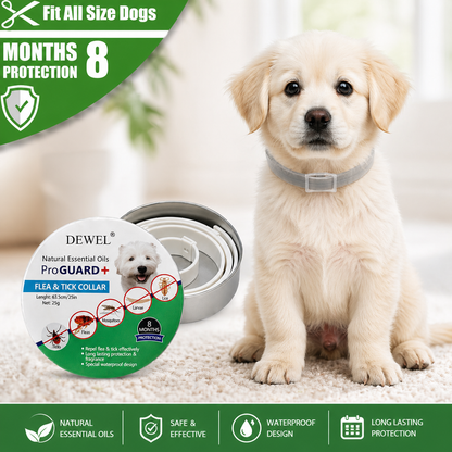 Flea and tick collar with packaging and a puppy on a light background