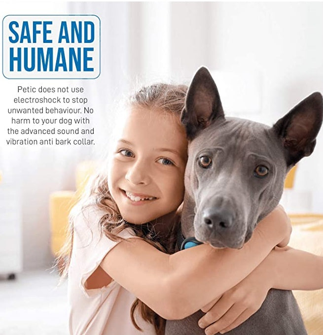 A girl hugging a dog, emphasizing the safe and humane nature of the bark control collar.