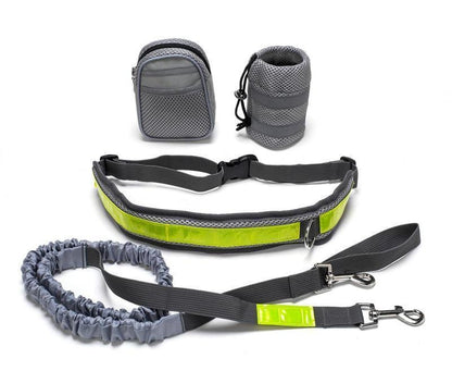 Close-up of the hands-free dog running traction set in gray, featuring a retractable leash and adjustable waist belt