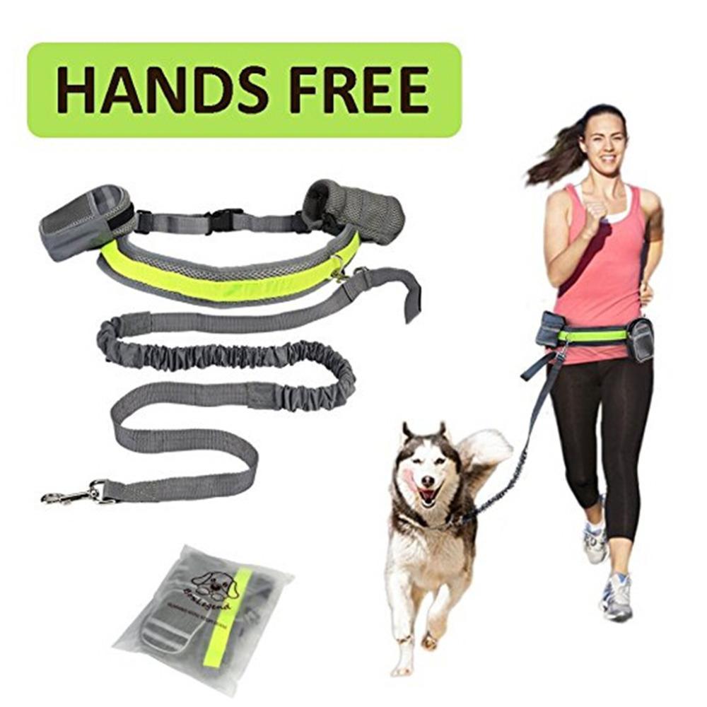 Woman jogging with her dog using the hands-free adjustable running traction set, featuring a retractable leash and waist belt