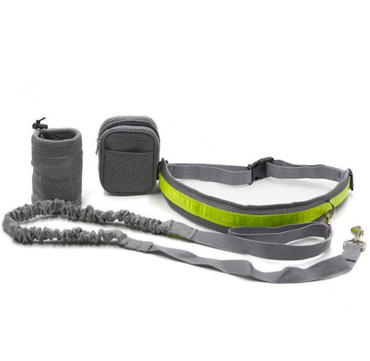 Main image of the hands-free dog running traction set in gray, featuring a woman jogging with her dog, showcasing the retractable leash and adjustable waist belt