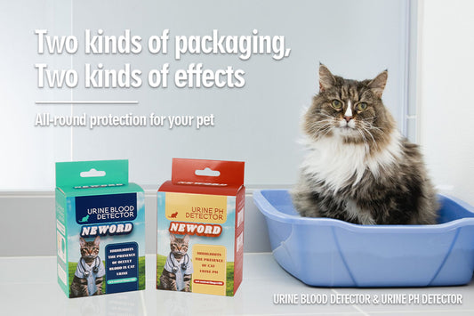 A happy cat sitting next to two package types: Urine pH Detector and Blood Detector, showcasing options for monitoring feline health