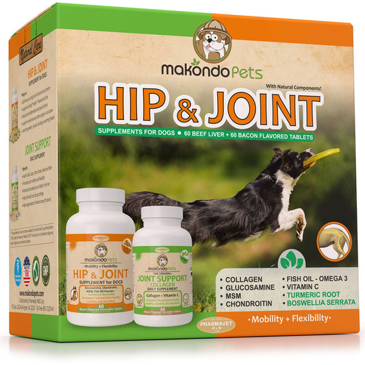 Hip and joint supplement for dogs with glucosamine, chondroitin, turmeric, MSM, and collagen – 2-bottle pack with chewable tablets