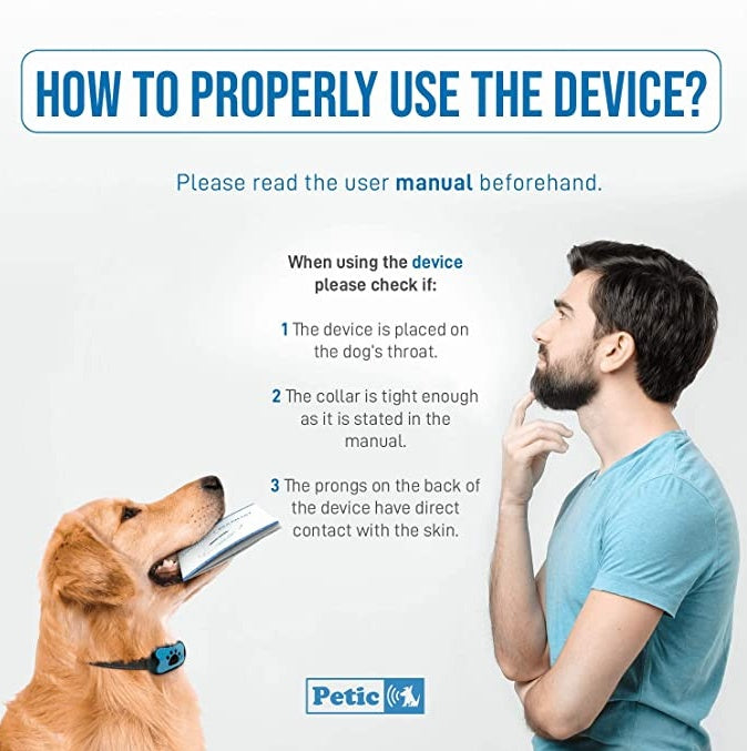 Step-by-step instructions for using the blue bark control collar, with a dog and its owner demonstrating proper usage.