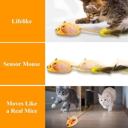 Cats playing with the Interactive LED Cat Mouse Toy, showcasing its moving action, LED lights, chirping sounds, and USB rechargeable features