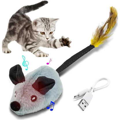 Interactive LED Cat Mouse Toy in grey, featuring USB rechargeable, automatic movement, and LED lights to engage your cat in interactive play