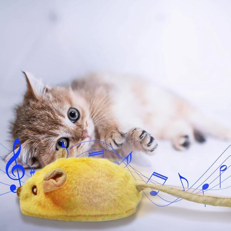 Cat lying on the floor, playing with the Interactive LED Cat Mouse Toy, featuring moving action, LED lights, and chirping sounds