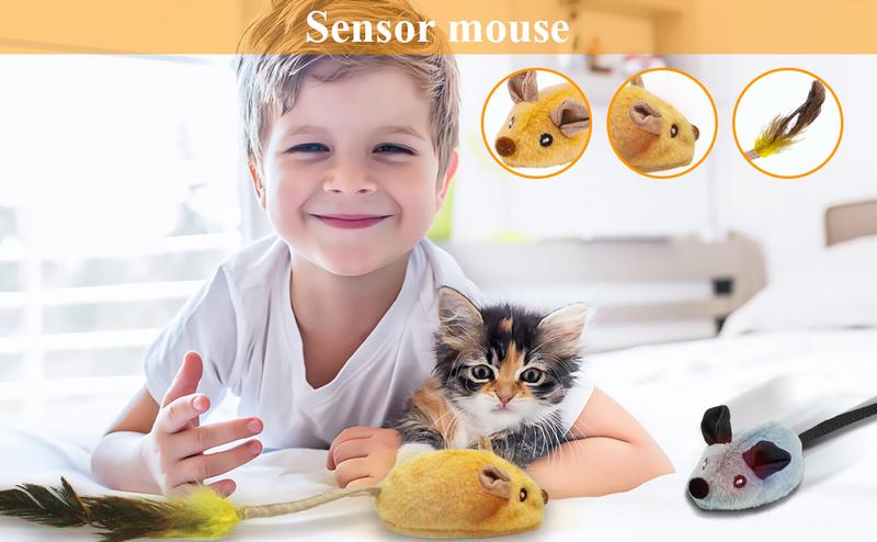 Sensor Mouse" – A child playing with their cat using the Interactive LED Cat Mouse Toy, showcasing its automatic movement and interactive features