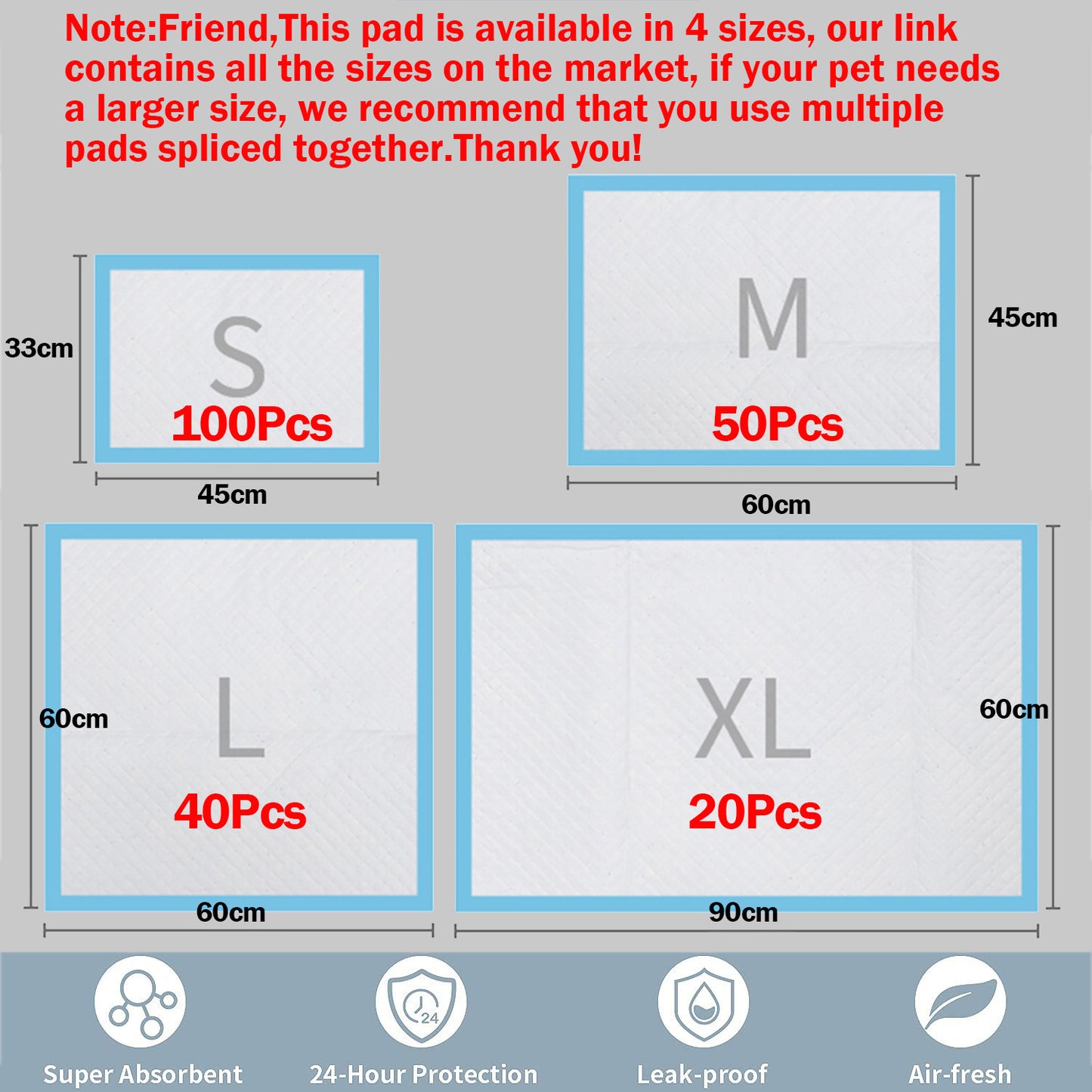 Different sizes of pet diaper pads: Small (S), Medium (M), Large (L), and Extra Large (XL), showing the variety of options available for pets of all sizes