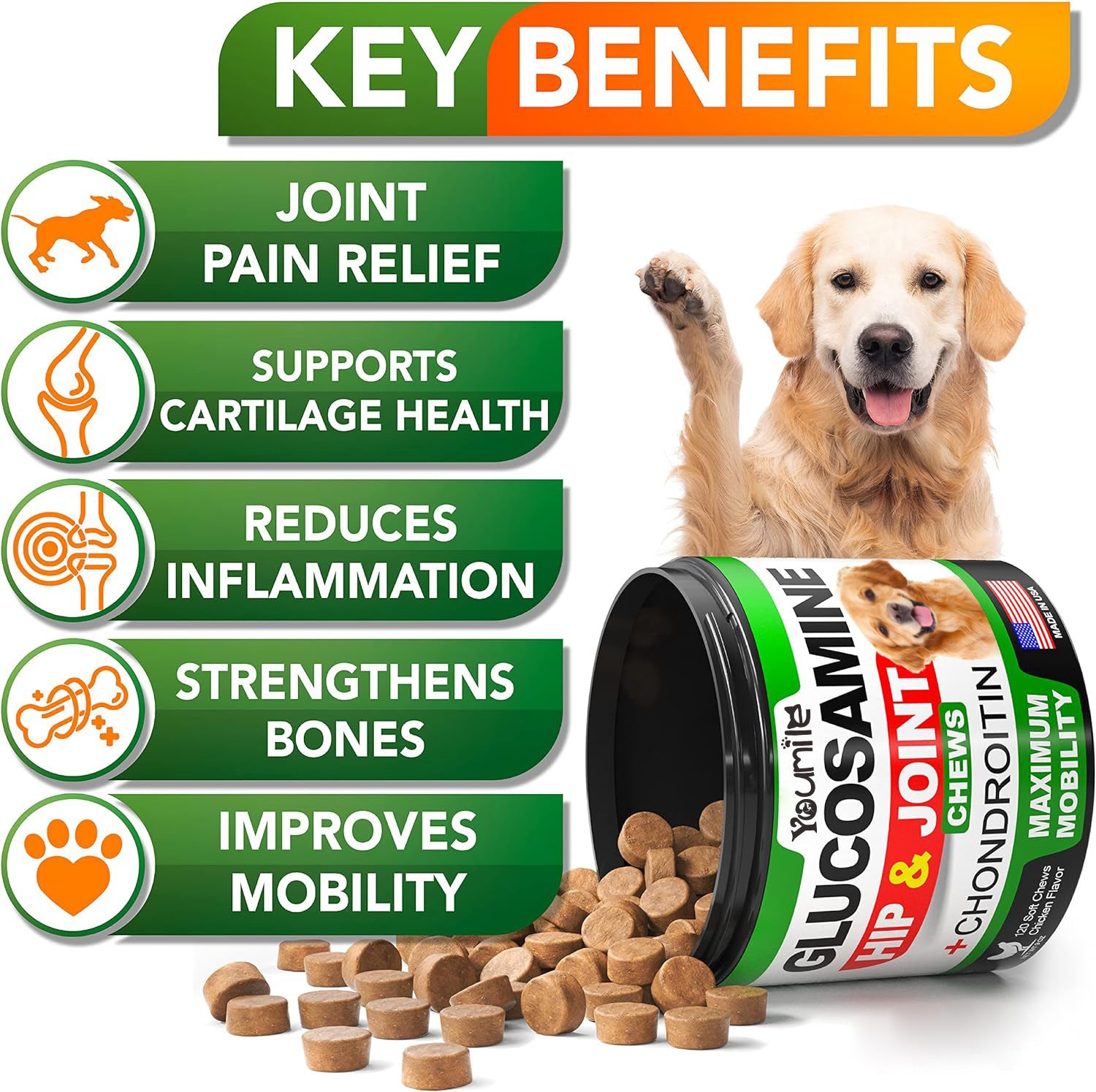 Pet Hip & Joint Supplement Chondroitin, key benefits displayed with product details