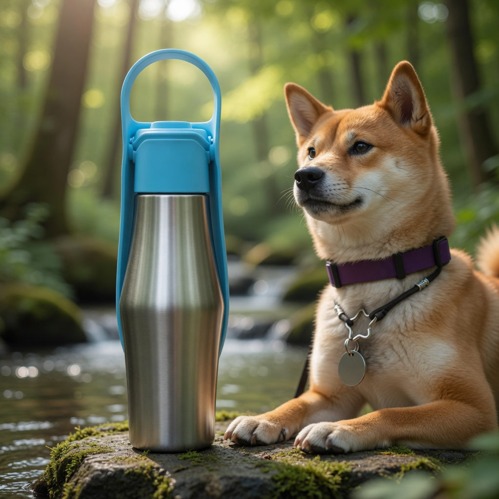 Dog lying on grass next to a stainless-steel pet travel cup portable water bottle 