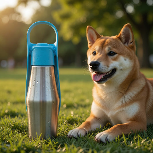 Dog lying on grass next to a stainless-steel pet travel cup portable water bottle with blue cap