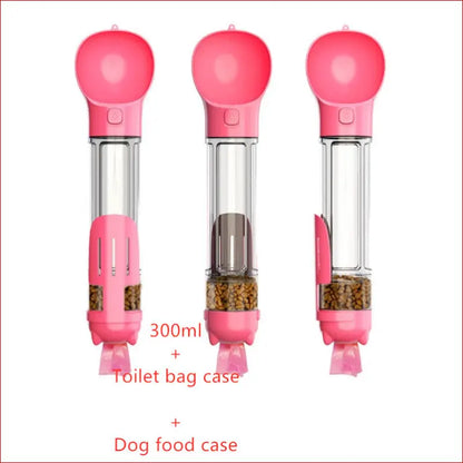 Pet Water Bottle with Feeder Bowl & Garbage Bag Storage pink description- Happy Pets