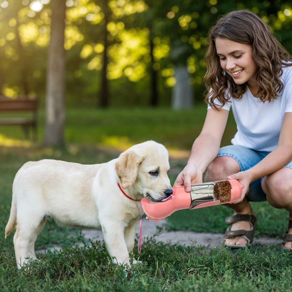 Woman and puppy outdoors with a pink Pet water bottle 