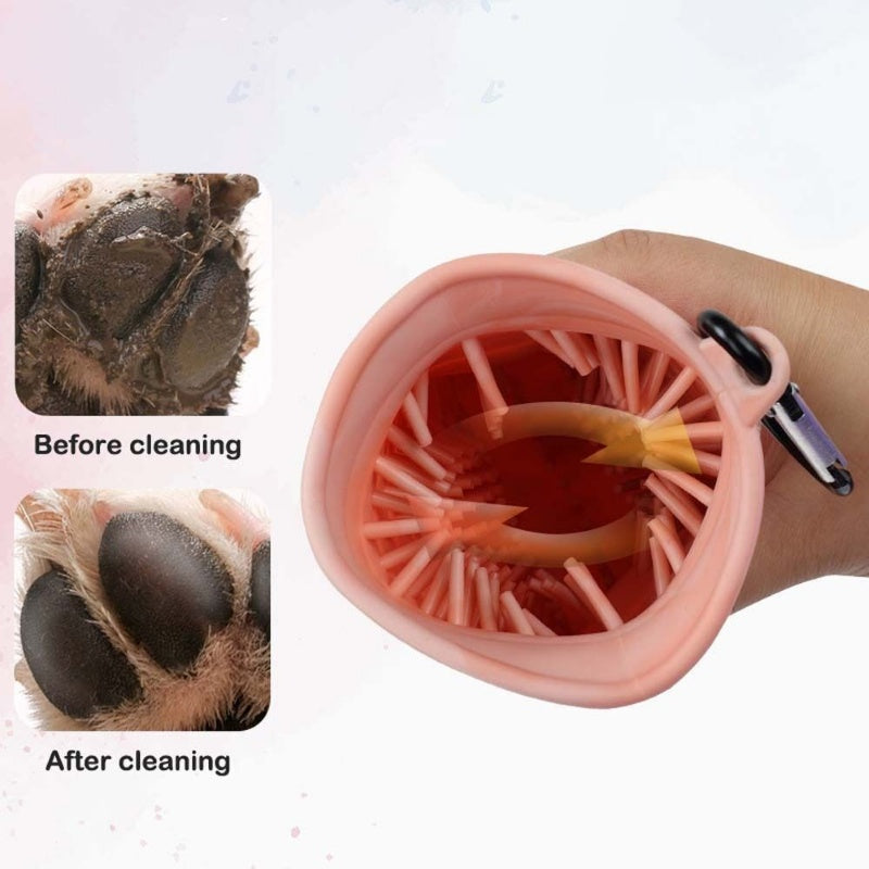 Portable 2-in-1 dog paw cleaner cup with foot wash brush for pets before and after 
