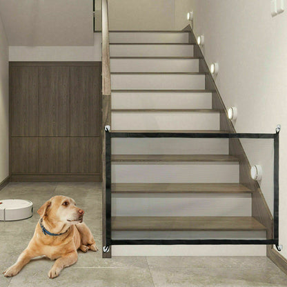 Portable Pet Safety Gate, variant S (43" x 29"), installed in a hallway, offering secure protection for pets with a simple, durable mesh design