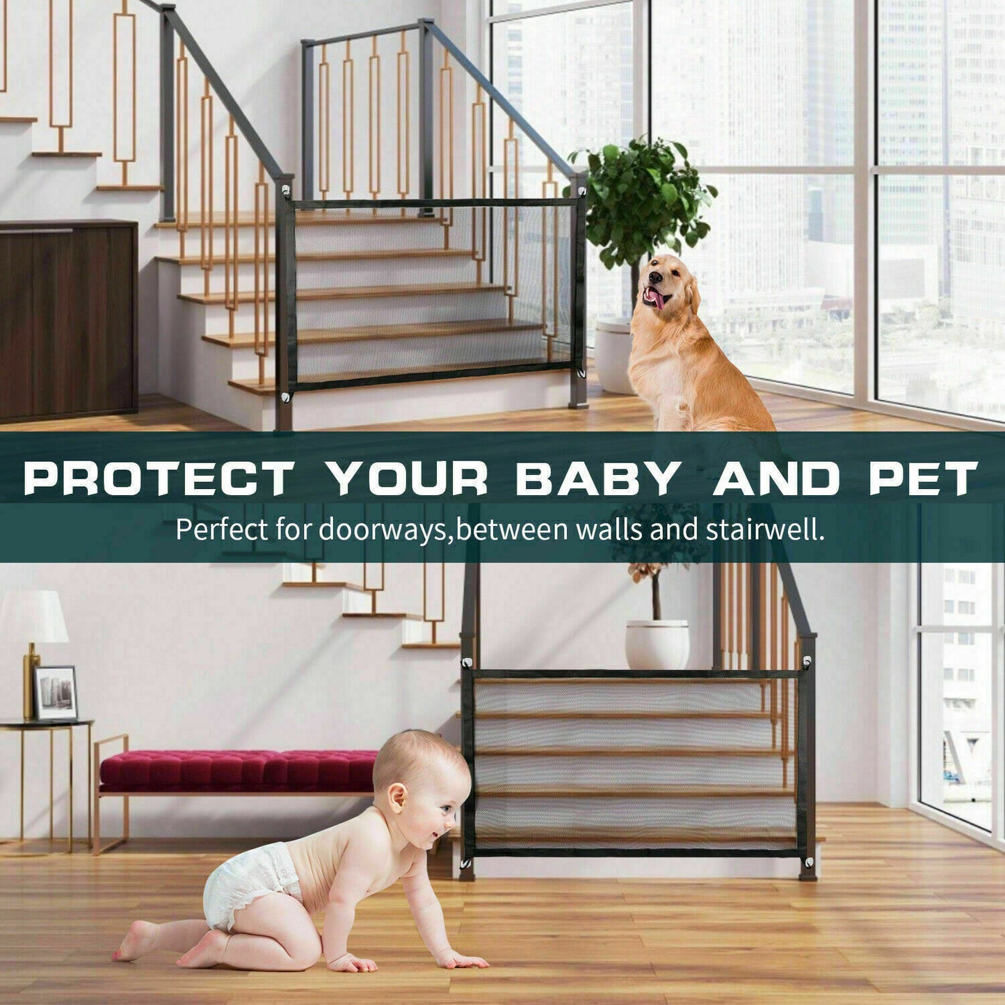 Protect Your Baby and Your Pet" – Portable Pet Safety Gate installed to protect both children and pets, featuring a durable mesh design for safety and convenience