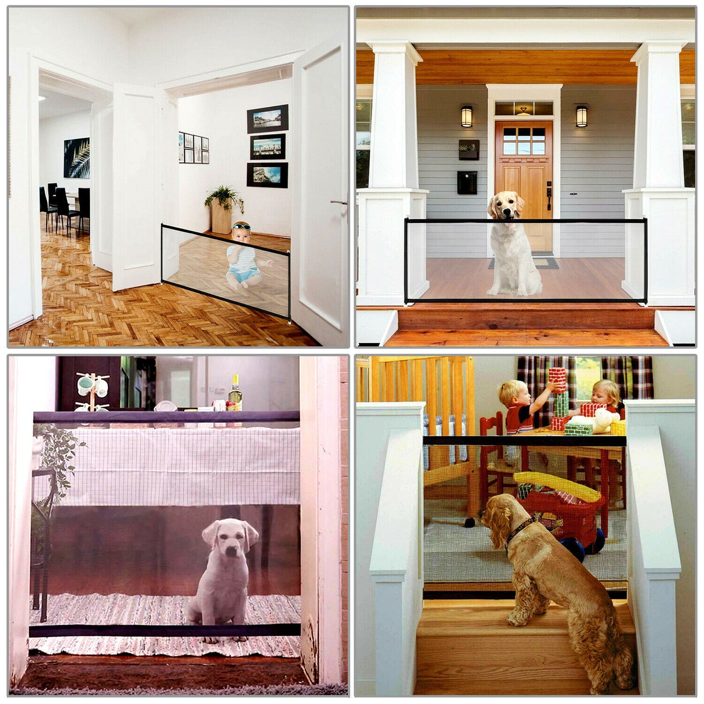 Different scenarios showing the Portable Pet Safety Gate in use, providing secure pet containment in various areas such as doorways, stairs, and hallways.