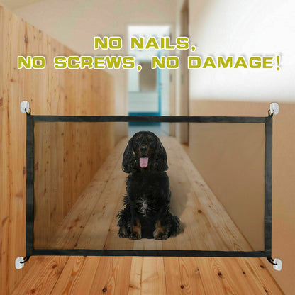 No nails, no screws, no damage" – A dog behind the Portable Pet Safety Gate, showcasing its easy installation without damaging walls or surfaces