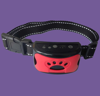 Red bark control collar displayed, highlighting its design and functionality for effective barking correction.