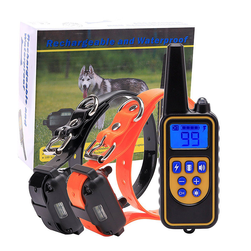 Remote dog training collar with adjustable strap and handheld remote for effective behavior correction box