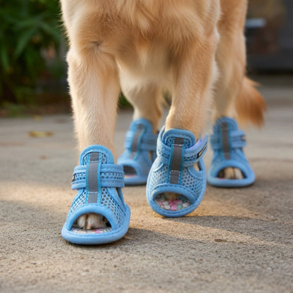 Dog wearing blue protective dog boots on a concrete surface.