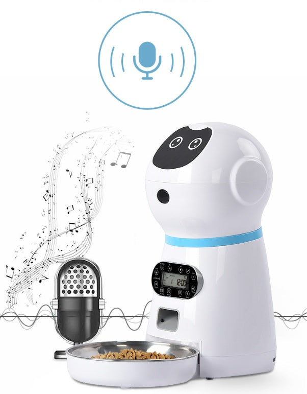 Smart robot pet feeder for dogs and cats with voice recorder and automatic portion control close up