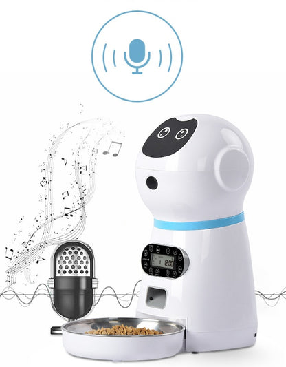 Smart robot pet feeder for dogs and cats with voice recorder and automatic portion control close up