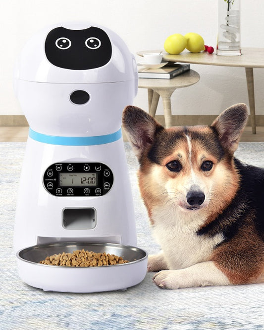 Smart robot pet feeder for dogs and cats with voice recorder and automatic portion control cover image