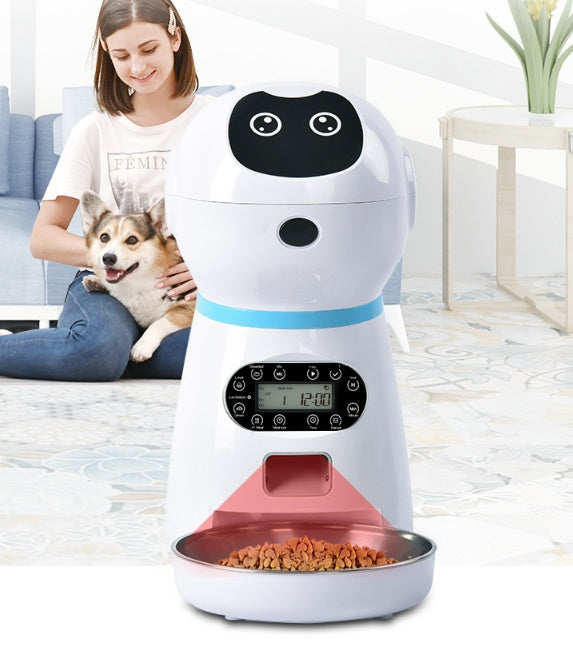 Smart robot pet feeder for dogs and cats with voice recorder and automatic portion control front view