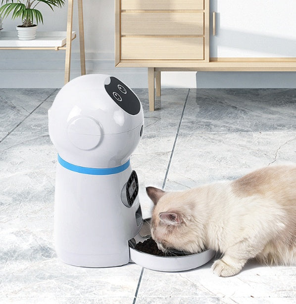 Smart robot pet feeder for dogs and cats with voice recorder and automatic portion control rear view