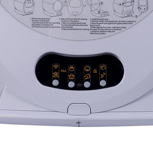 Smart self-cleaning litter box with automatic scooping, odor control, and app connectivity for cats buttons close up