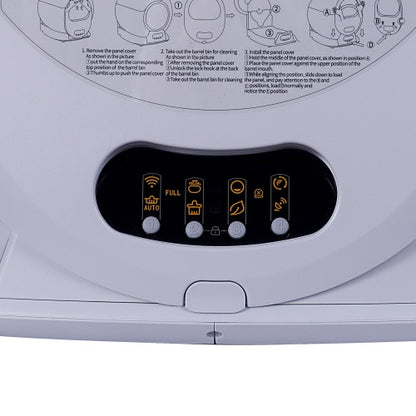 Smart self-cleaning litter box with automatic scooping, odor control, and app connectivity for cats buttons close up
